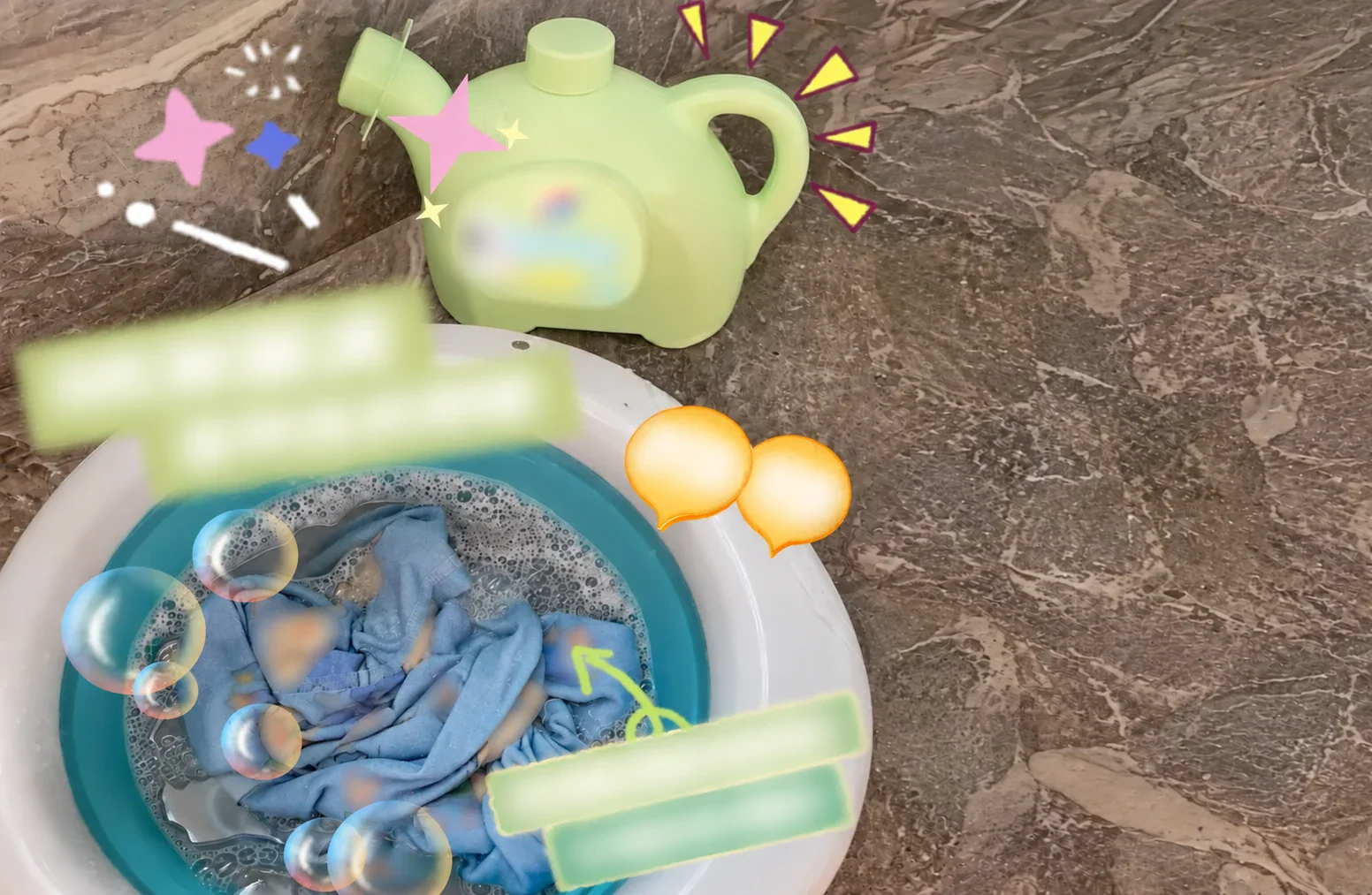 A green watering-can container beside a basin of blue laundry, with blurred promotional text