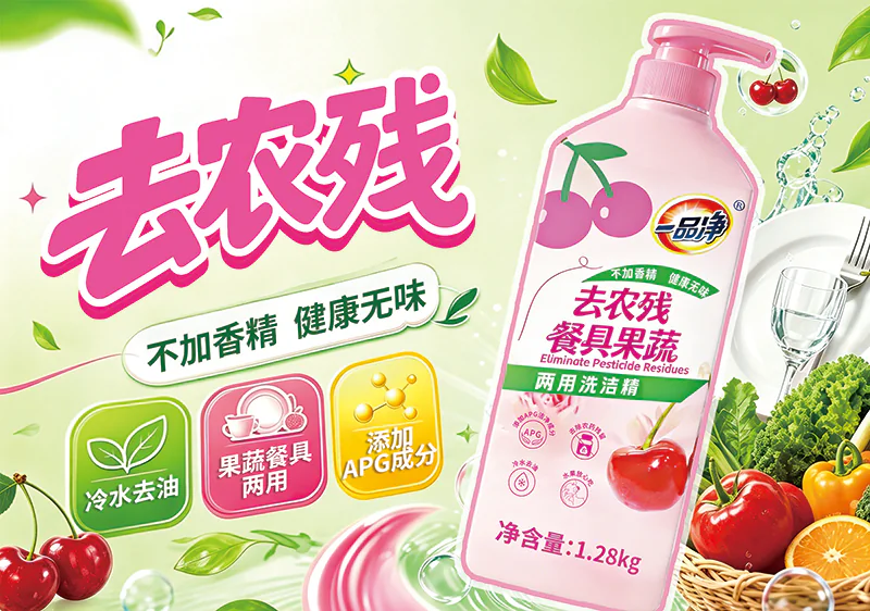 一品净去农残餐具果蔬两用洗洁精产品宣传图